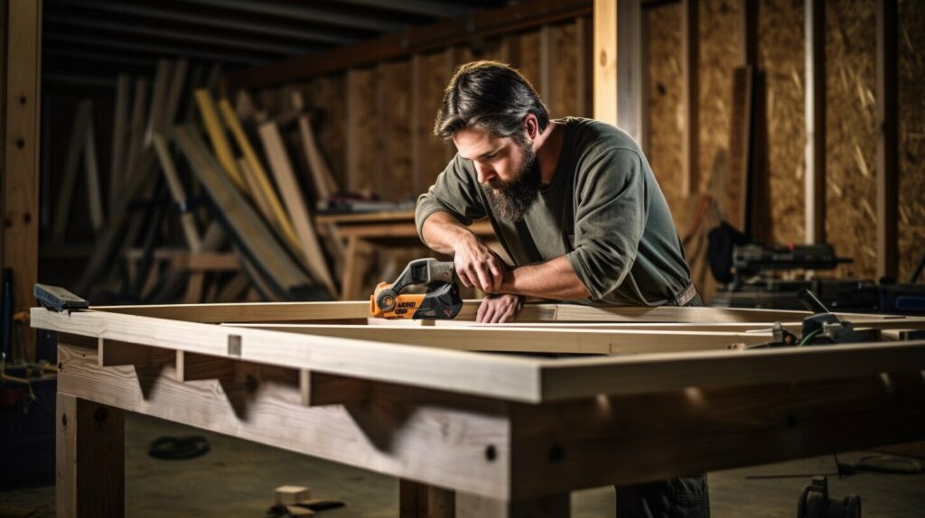 This image features reclaimed boards and pallets repurposed into a sturdy DIY bed frame to save money and reduce waste.