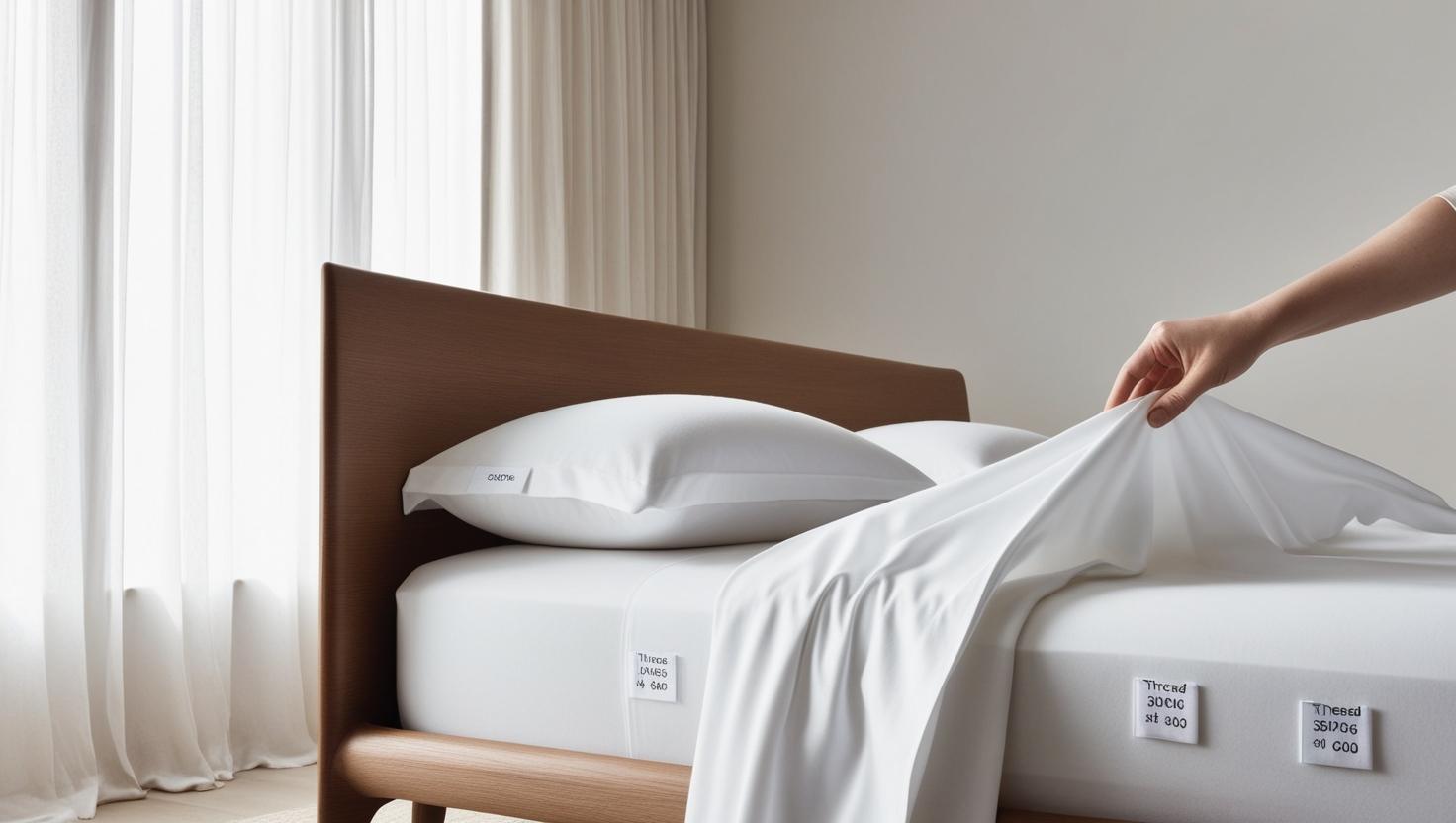 Comparing bedding quality thread count with labeled cotton sheets in a sunlit, minimalist bedroom.