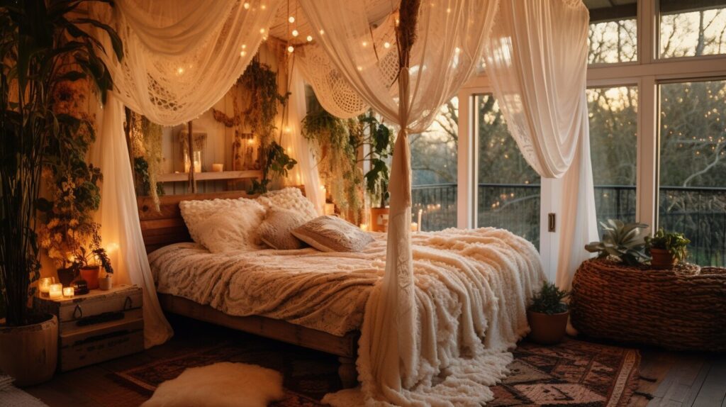 Bohemian decor themes for canopy beds with macramé and earthy tones