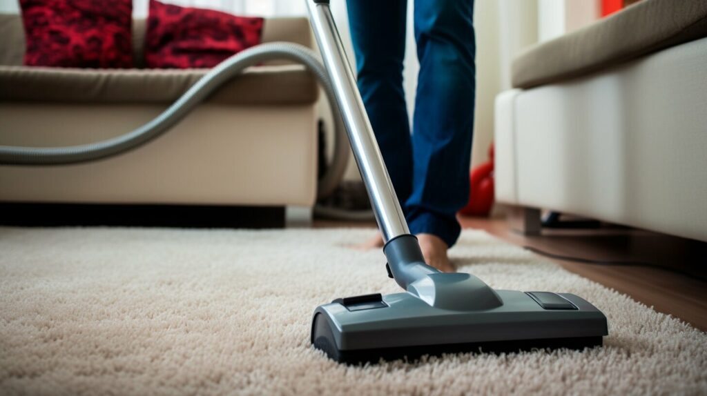 This picture demonstrates care and maintain bedroom carpets tips by showing trimming a small carpet snag instead of pulling it.