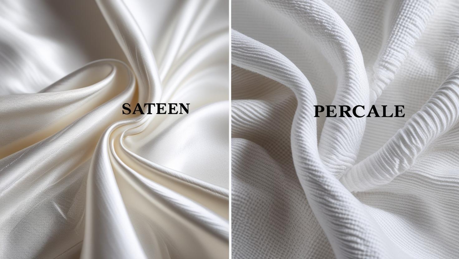 Side-by-side close-up of sateen and percale cotton weaves showing bedding quality thread count differences