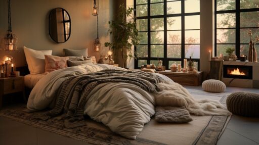 layered patterned rug combining rugs for a cozy bedroom feel