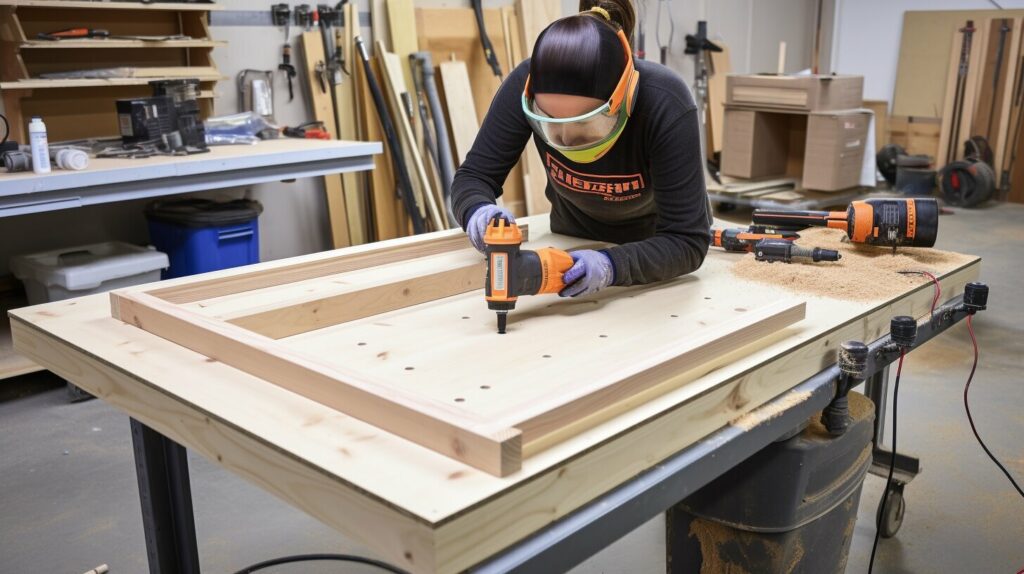 This photo shows sanding, staining, and sealing tips that give a sturdy DIY bed frame a professional finish and long-lasting protection.