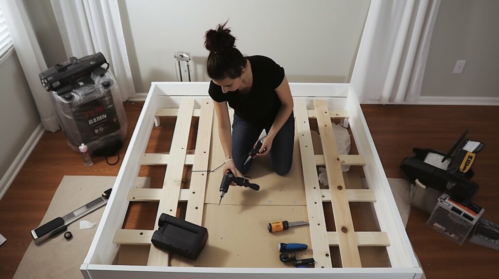 assembling a DIY bed frame structure with clamps and brackets