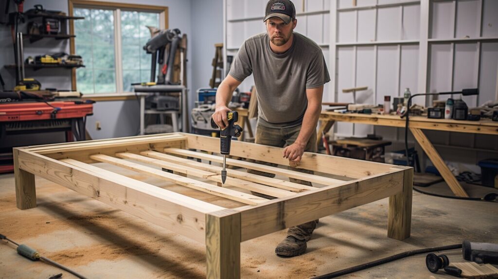 essential DIY bed frame tools and wood pieces