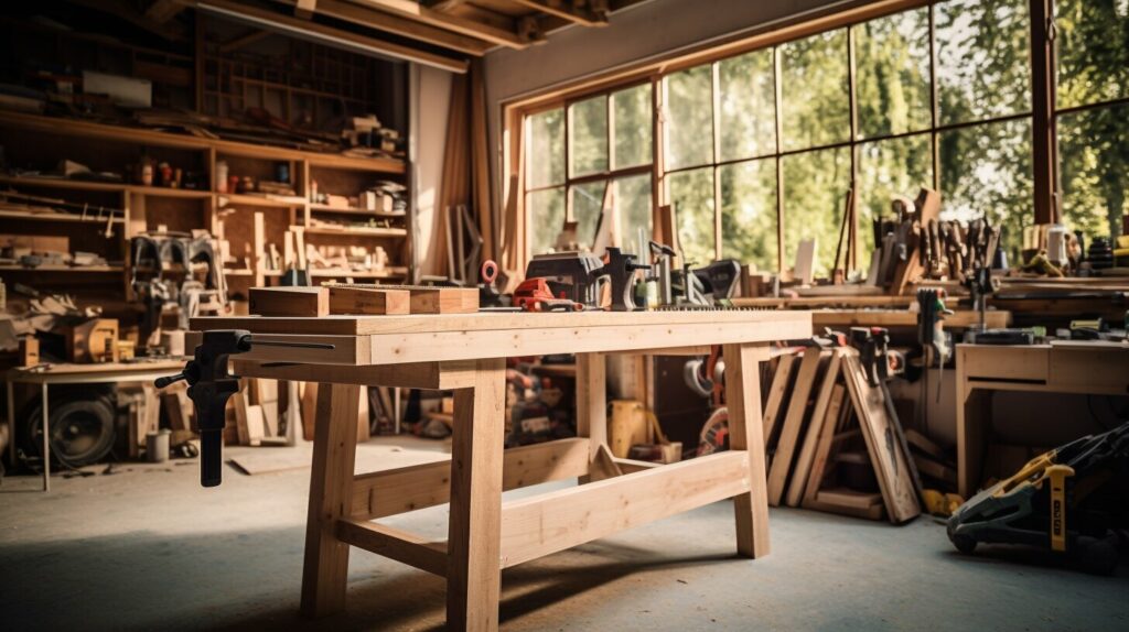 This photo lays out the lumber, screws, brackets, and saws you need to build a sturdy DIY bed frame showing a complete sturdy DIY bed frame toolkit.