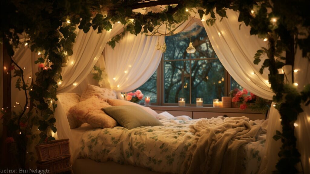 Nature-inspired decor themes for canopy beds with greenery, fairy lights, and soft layered bedding.