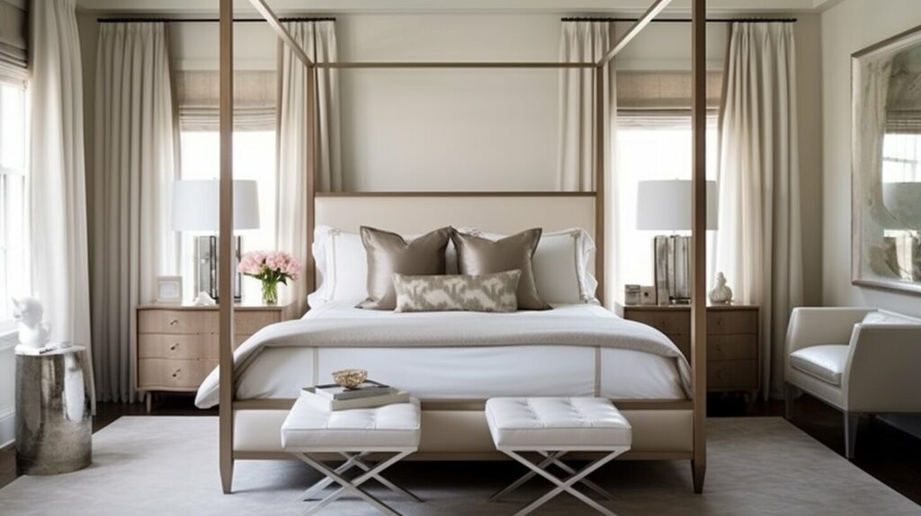 Side-by-side room scenes present different styles of four-poster beds from classic wood to sleek metal and sustainable bamboo.