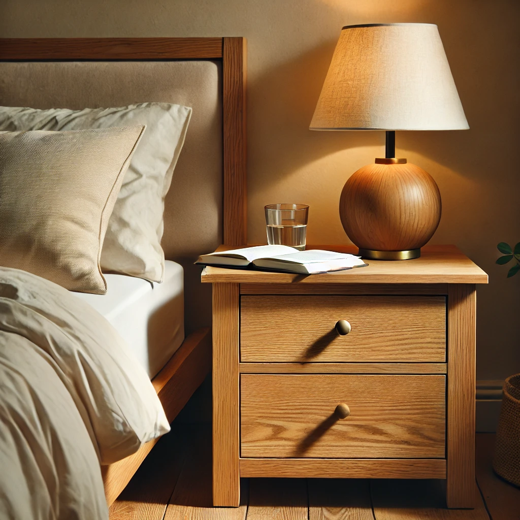 Oak nightstand beside cozy bed – durable nightstands materials