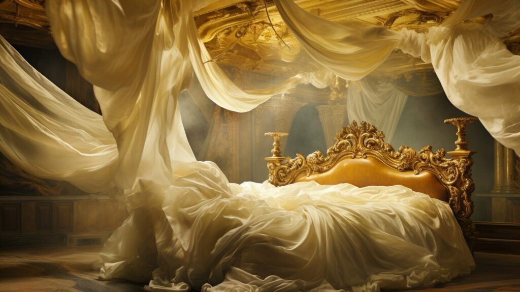 Luxurious Four Poster Beds Design with velvet drapery and intricate wood details.