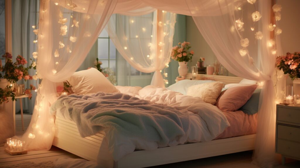 Creative decor themes for canopy beds with floral prints and string lights