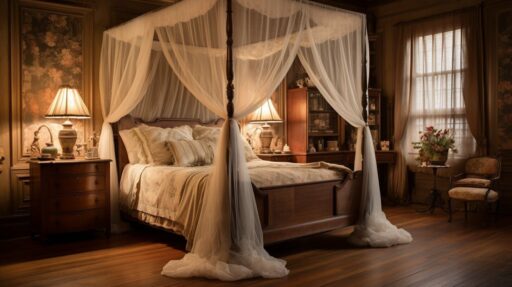 Elegant wood Four Poster Canopy Bed with classic carved posts