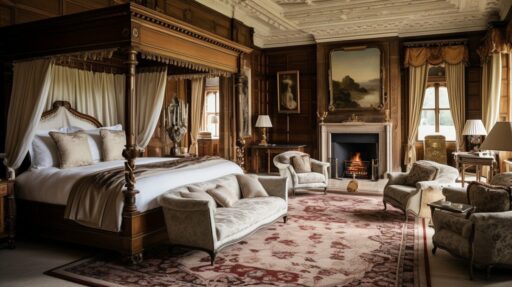 Luxurious traditional bedroom featuring a grand wooden four-poster bed with elegant drapery, classic furniture, a fireplace, and ornate decor, reflecting the timeless design and history of four-poster beds.