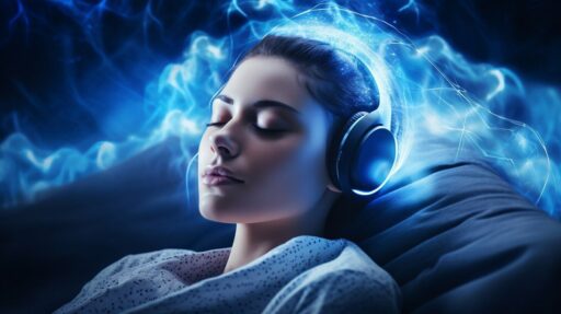 Person wearing headphones with blue lightnings while sleeping