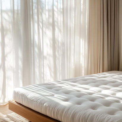 A latex mattress topper on a bed in a minimalist bedroom with natural light streaming through sheer curtains.]