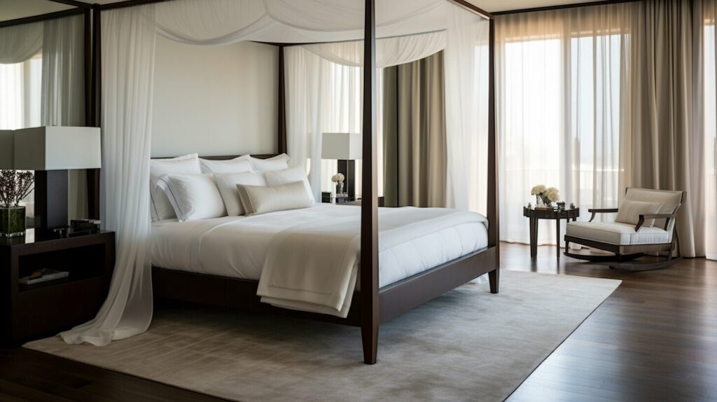 A bright, minimalist room highlights four-poster beds with slim posts and breathable textiles for a modern feel.