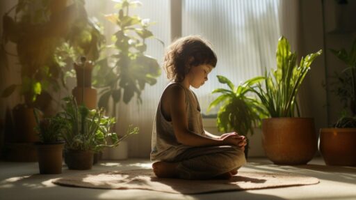 child practicing kids morning meditation with calm breathing