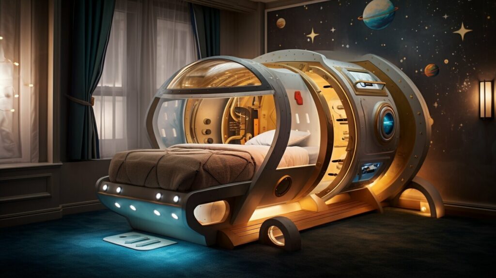 A playful rocket-ship theme shows toddler bedding featuring a safe low-loft pillow and smooth, breathable pillowcase.