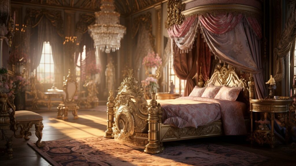 Lavishly decorated royal-style bedroom with an ornate gold canopy bed, rich drapes, chandeliers, and elegant classical furnishings, highlighting the regal charm of canopy beds