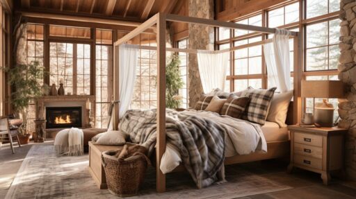 This airy canopy frame highlights rustic bed design through solid wood posts and softly weathered finishes.
