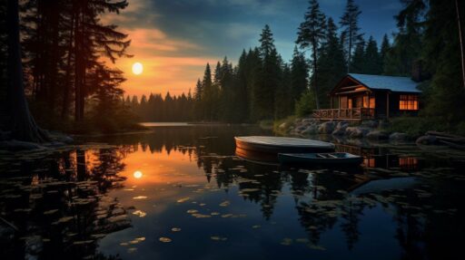 Serene lakeside cabin at sunset with boat