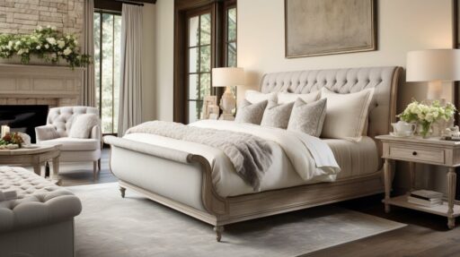 Sleigh beds styled with layered bedding and warm lighting