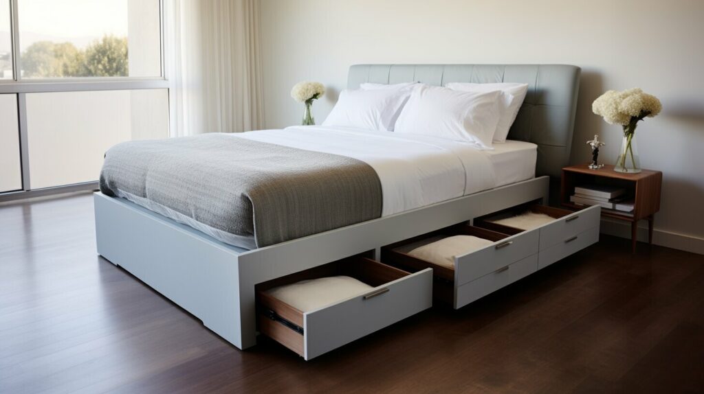 modern bedroom showcasing a wood platform with drawers – storage beds small space living