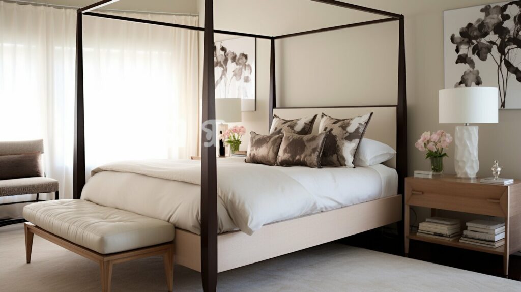 A collage of bedrooms illustrates styling options for four-poster beds including canopy, curtains, minimalist frames, and cozy accessories.