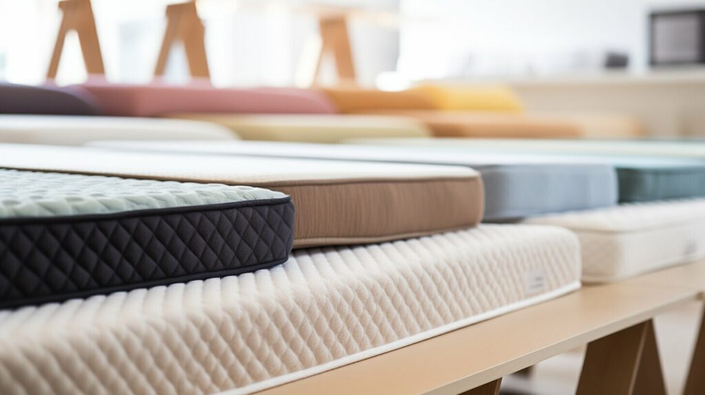 A variety of types of mattresses displayed in a modern showroom, including foam, spring, and hybrid options
