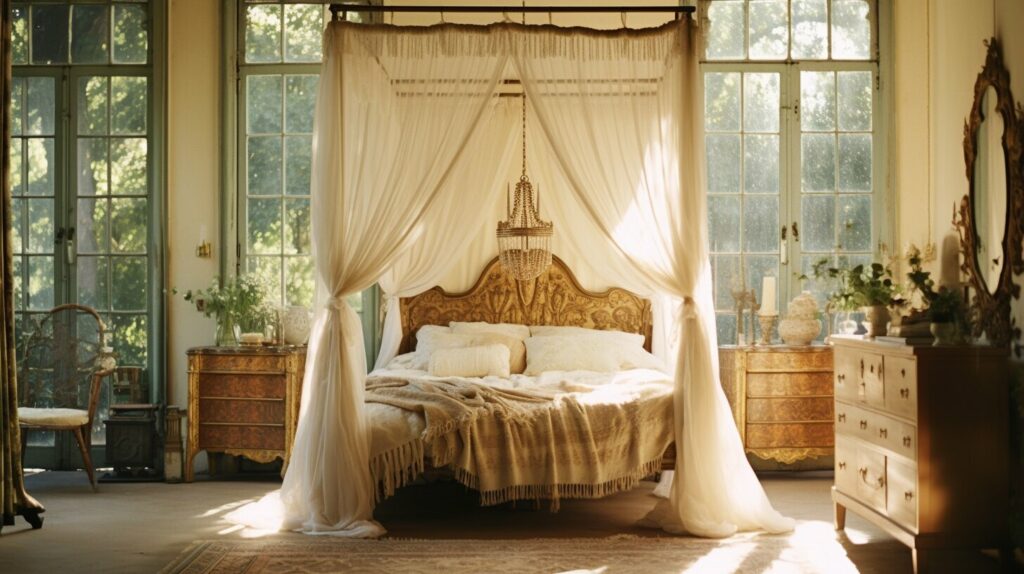 Vintage decor themes for canopy beds with lace curtains and antique furniture