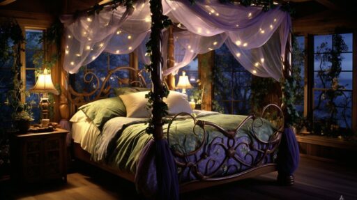 Whimsical Four Poster Canopy Bed design in rustic bedroom