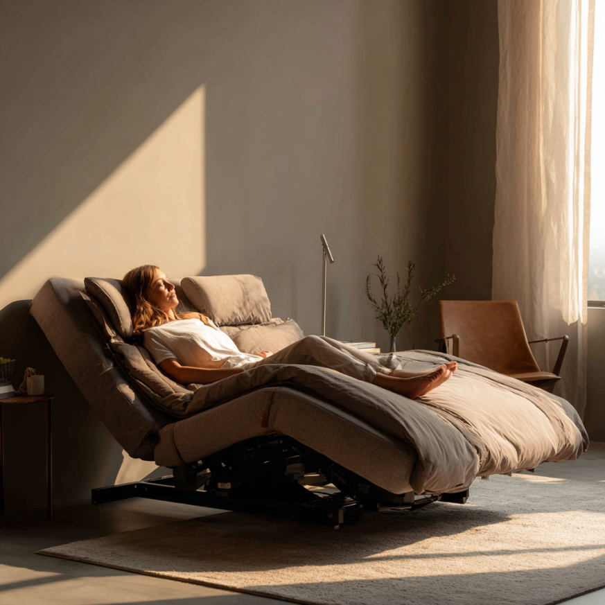 Modern bedroom with Adjustable Bed Technology featuring sleek design and elevated head position