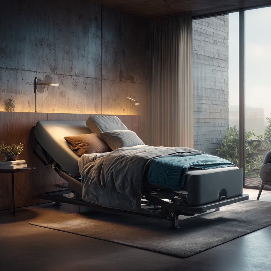 Adjustable Bed Technology with elevated headrest for sleep apnea and snoring relief