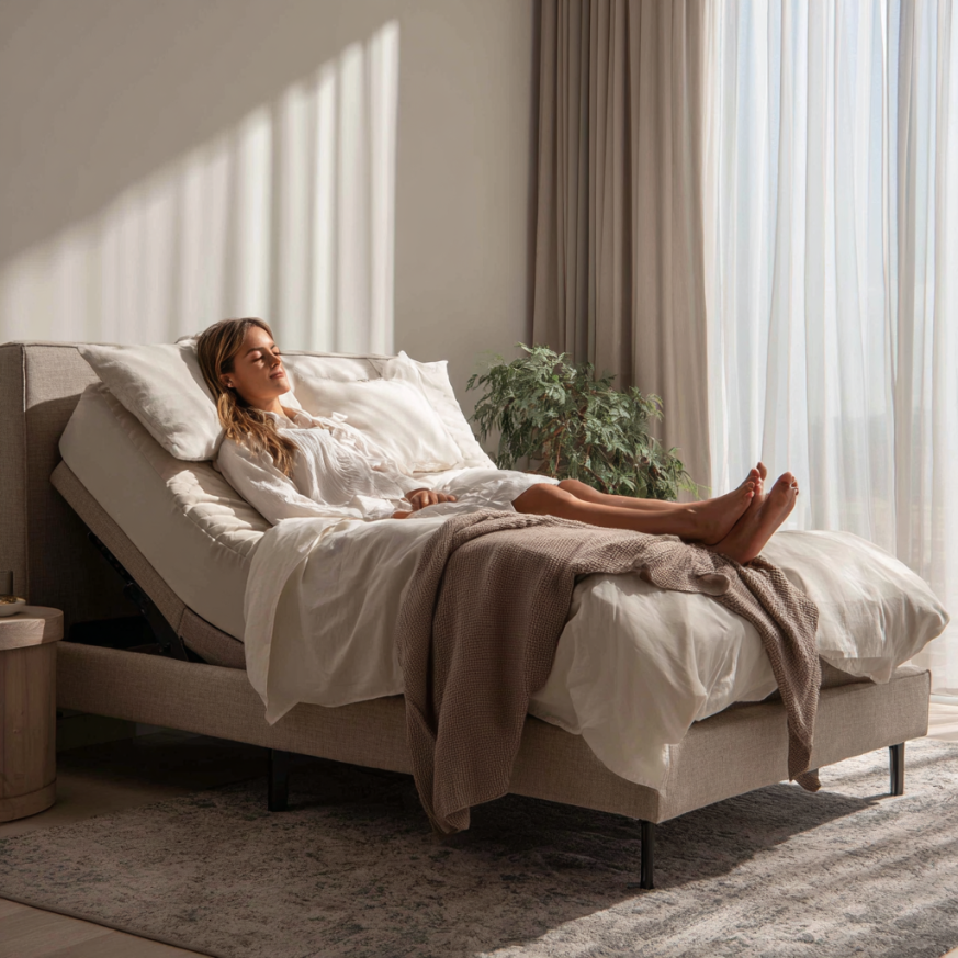 Modern bedroom with an adjustable bed featuring sleek design and elevated head position