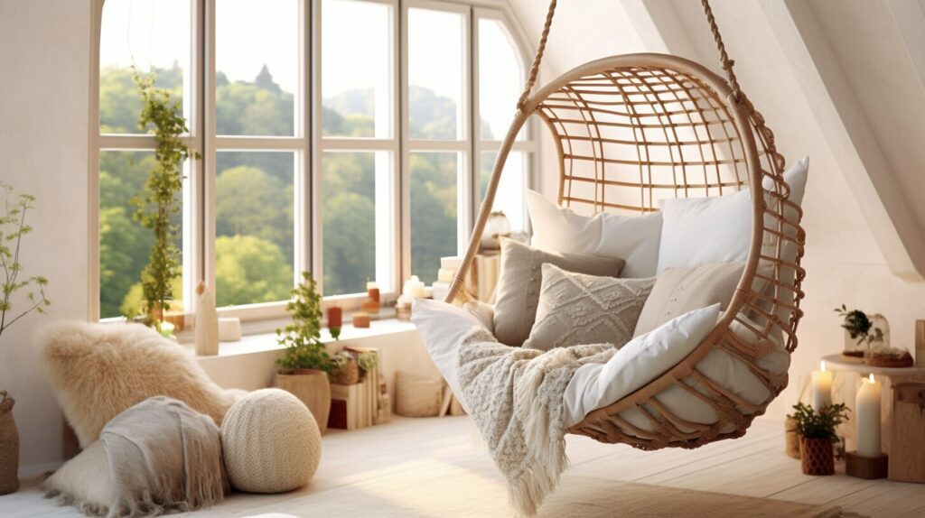 styling tips for bedroom seating areas with boho swing chair