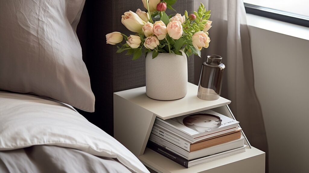 Bedside table with books and magazines arranged neatly