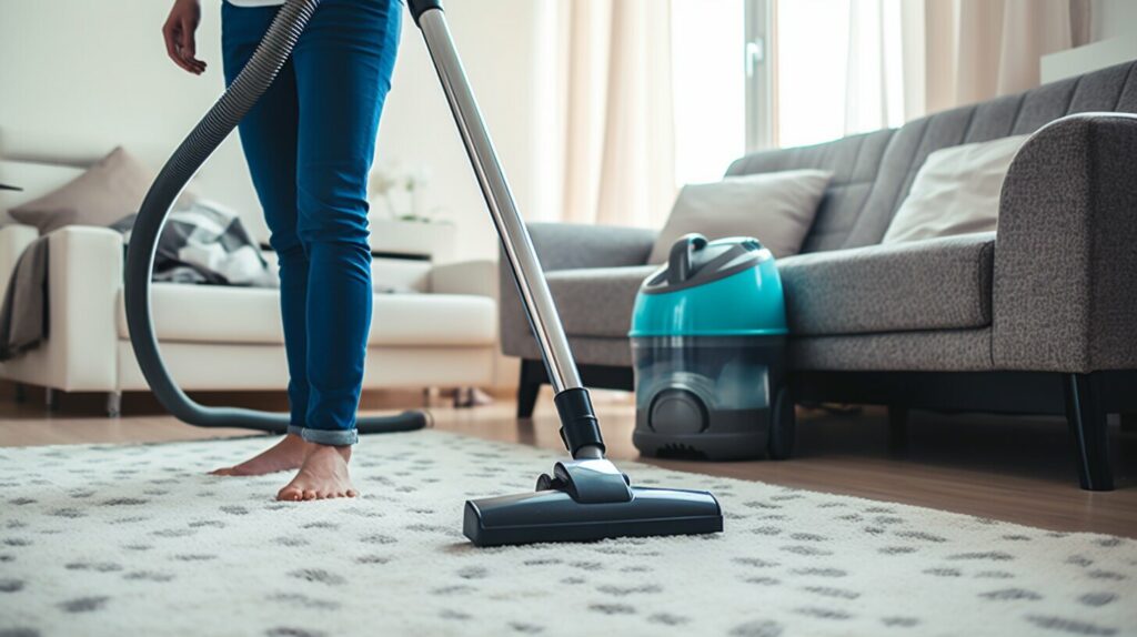 This image demonstrates care and maintain bedroom carpets tips by showing a vacuum lifting debris from a bedroom carpet in overlapping passes.