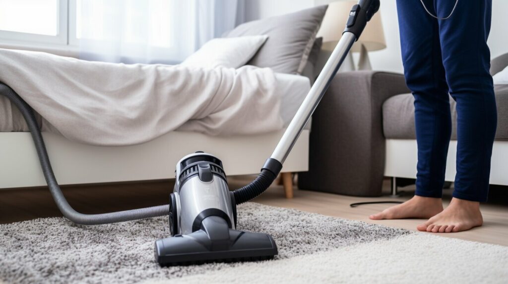 This image reinforces care and maintain bedroom carpets tips by showing a hallway rug catching dirt before it reaches the bedroom carpet.