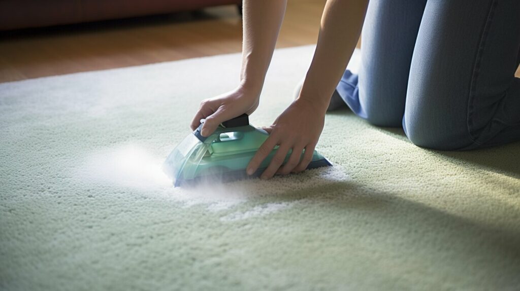 This photo models care and maintain bedroom carpets tips by showing a hand blotting a fresh spill with a white cloth to prevent permanent stains.