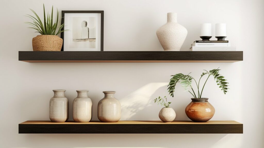 Floating shelves styled with art and plants—modern wall decor trends
