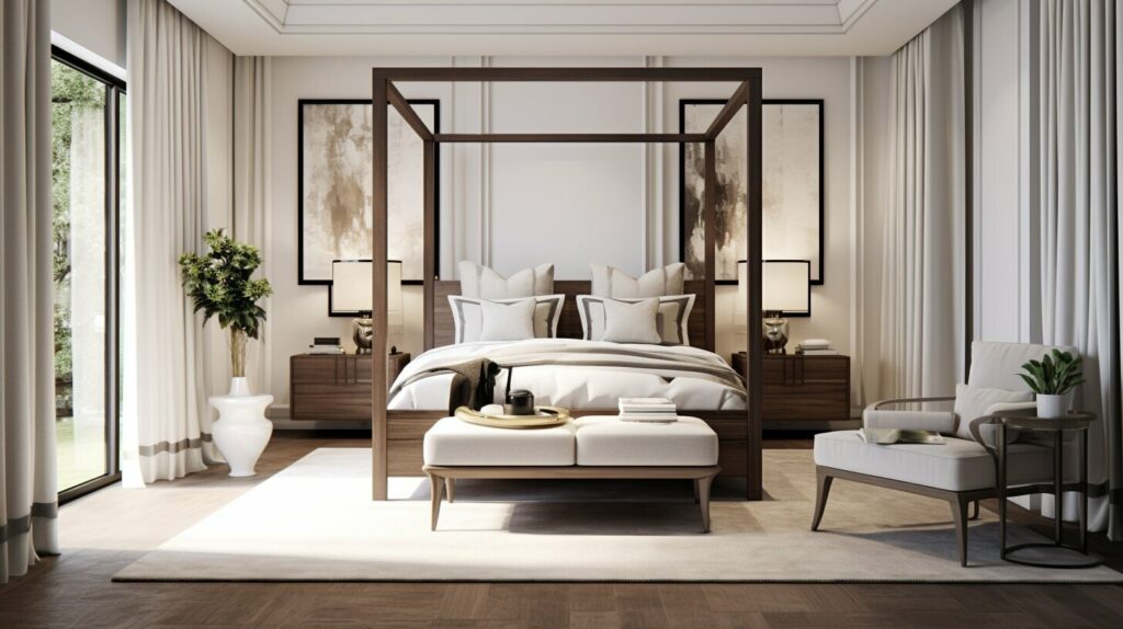 A graceful bedroom shows four-poster beds as a timeless focal point with carved details and soft textiles.