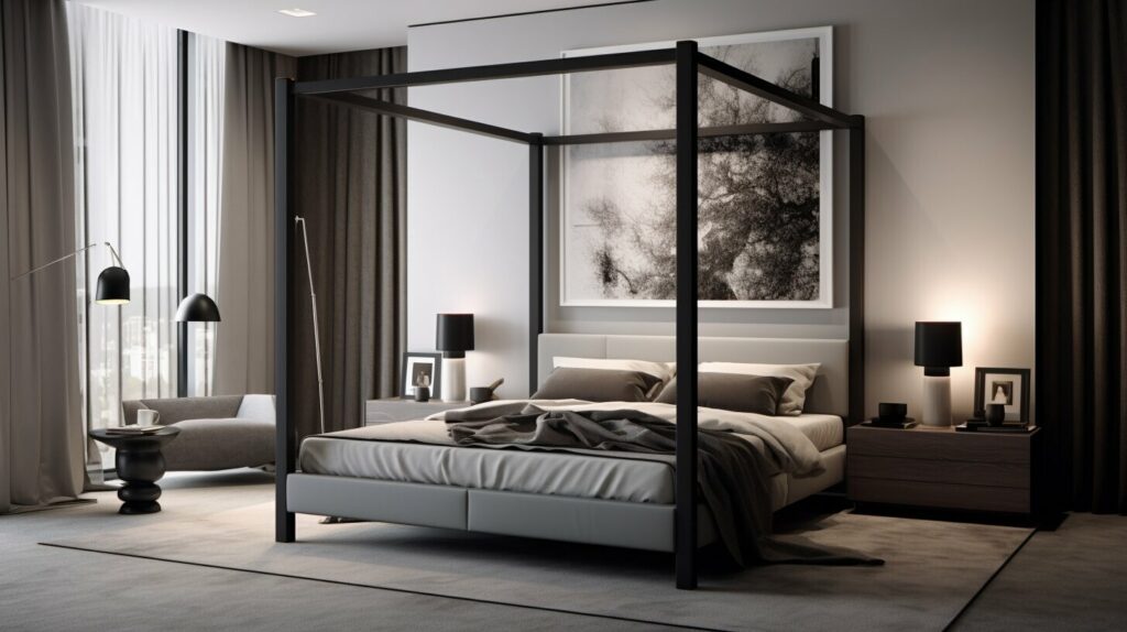 An elevated bedroom vignette demonstrates how four-poster beds add height, focus, and cohesive style to the space.
