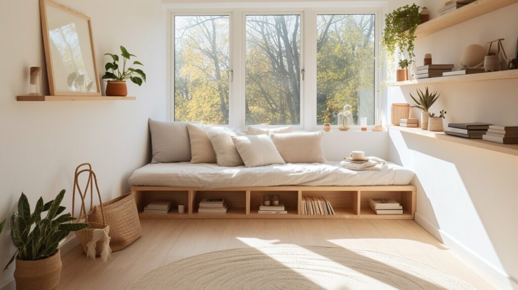 Functional bedroom seating with storage bench and nesting ottomans
