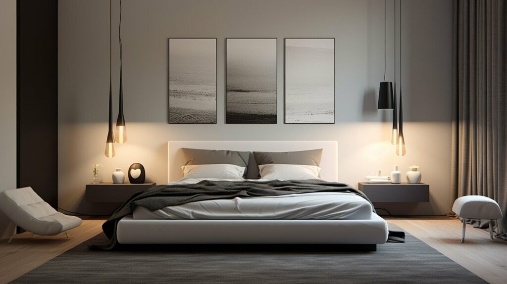 modern bedroom with ceiling lighting and floor lamps