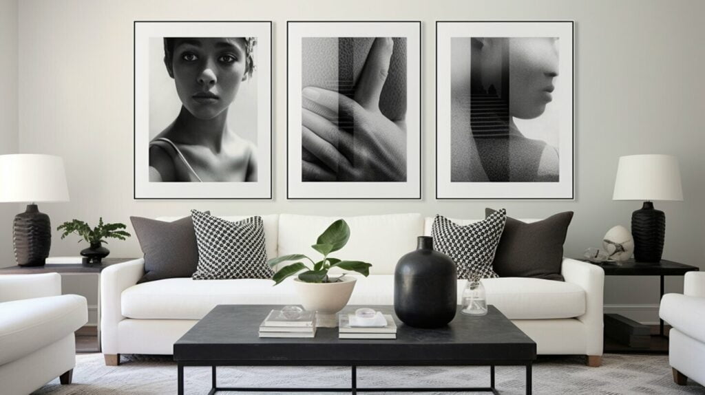 modern wall art display in bedroom