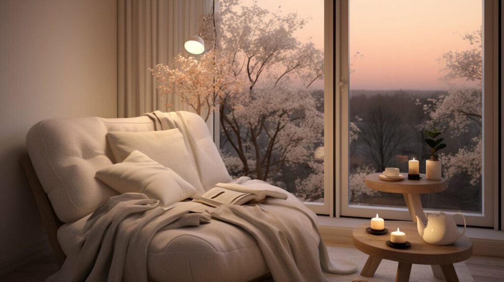 A lounge chair vignette showing how to select the perfect bedroom chair for relaxation in a calm bedroom.