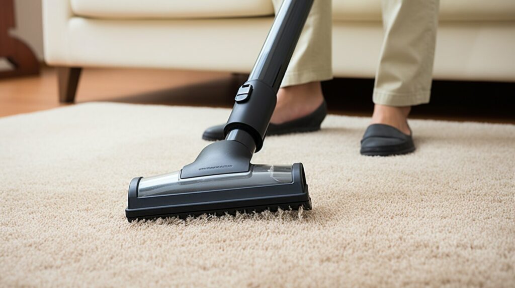 This photo illustrates care and maintain bedroom carpets tips by using a rubber squeegee to collect pet hair from a bedroom carpet.