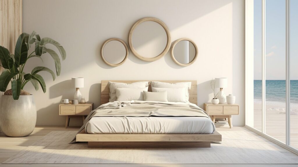 Round decorative mirrors softening bedroom space