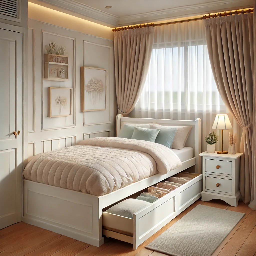Compact sleigh beds with storage in small bedroom design