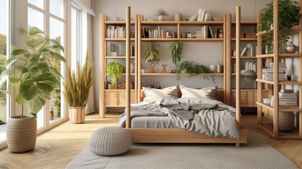 A compact bedroom shows how four-poster beds can feel light and spacious with slim posts and neutral bedding.